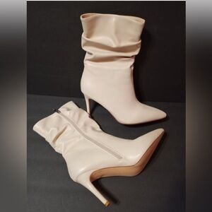 Women’s Cream Pointed-Toe Stiletto Mid-Calf Slouch Leather Boots - Size 8